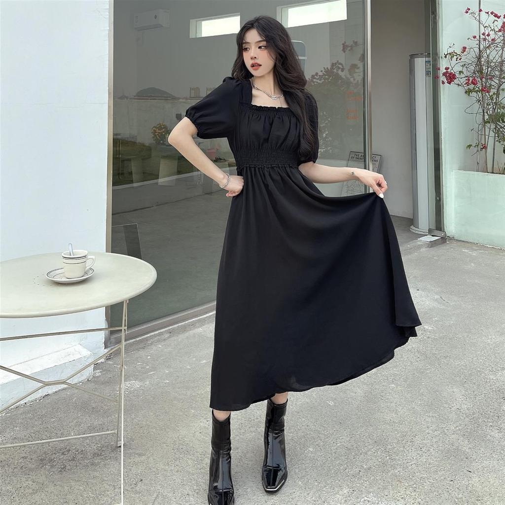 Summer Chic Waist-Cinching Slim Dress with Square Neck and Puff Sleeves