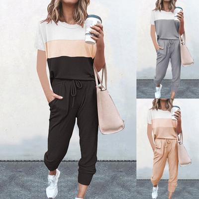 Moda feminina cor sólida emenda manga curta casual esportes conjuntos de casa terno