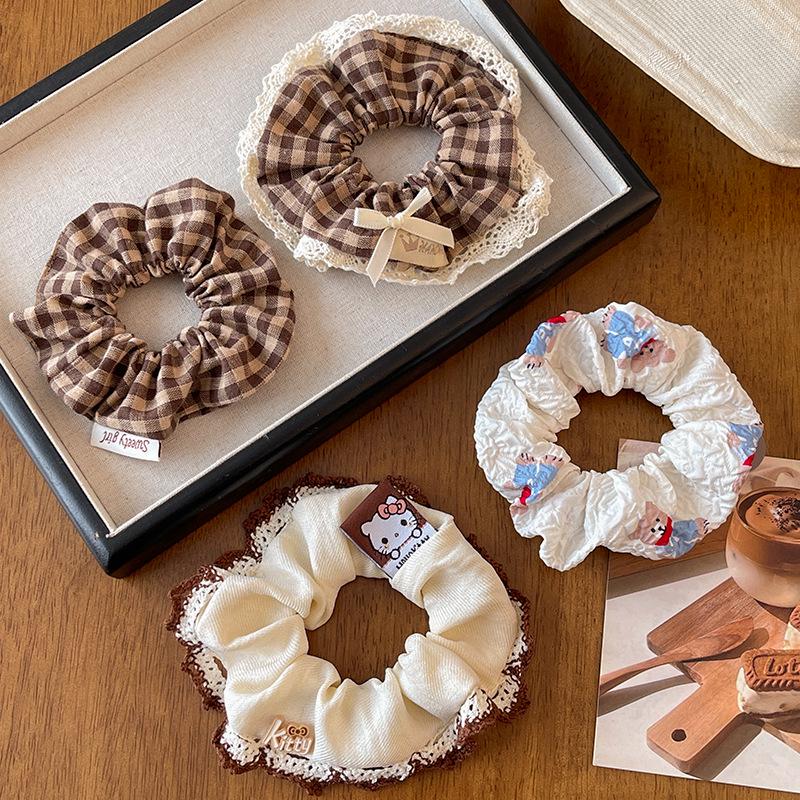 Korean Lace Trim Plaid Scrunchie for Women - Cute Cream Style High-End Hair Accessory