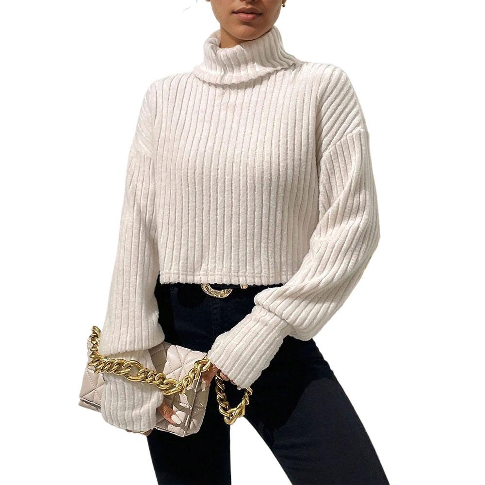 Europe, America Spring and Summer New Solid Color Threaded Knitted Pullover Short Turtleneck Bottoming Shirt Top
