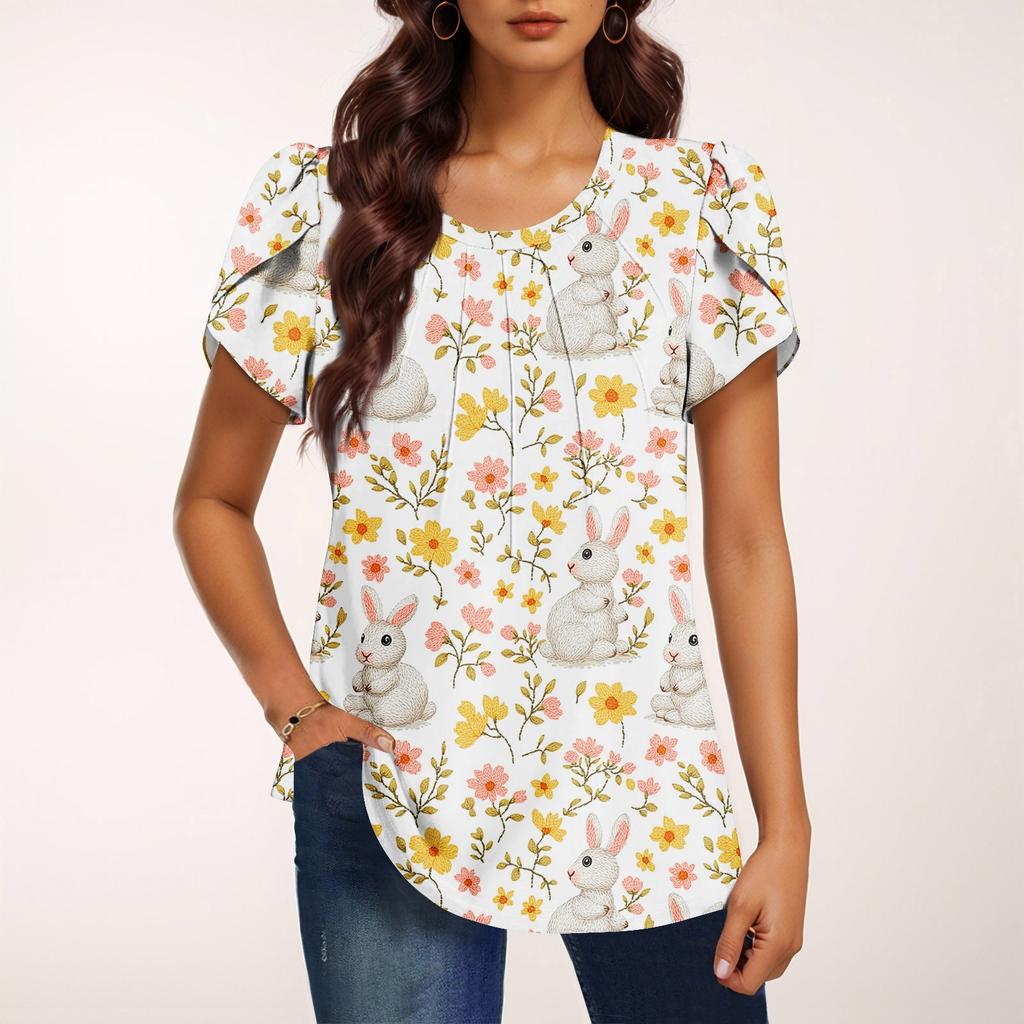 Women's Fashionable Round Neck Short Sleeve Printed Casual Basic Pleated Pullover T-shirt Top