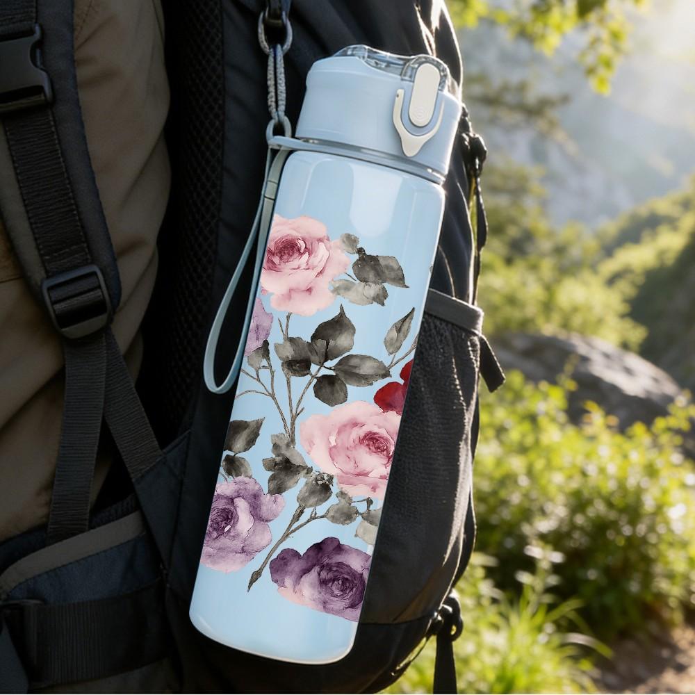 1PC Dusty Rose Mixed Flower Print 750ml Color Plastic Sports Water Bottle Leakproof Flip Straw Lid Suitable for Sports Office Home Use