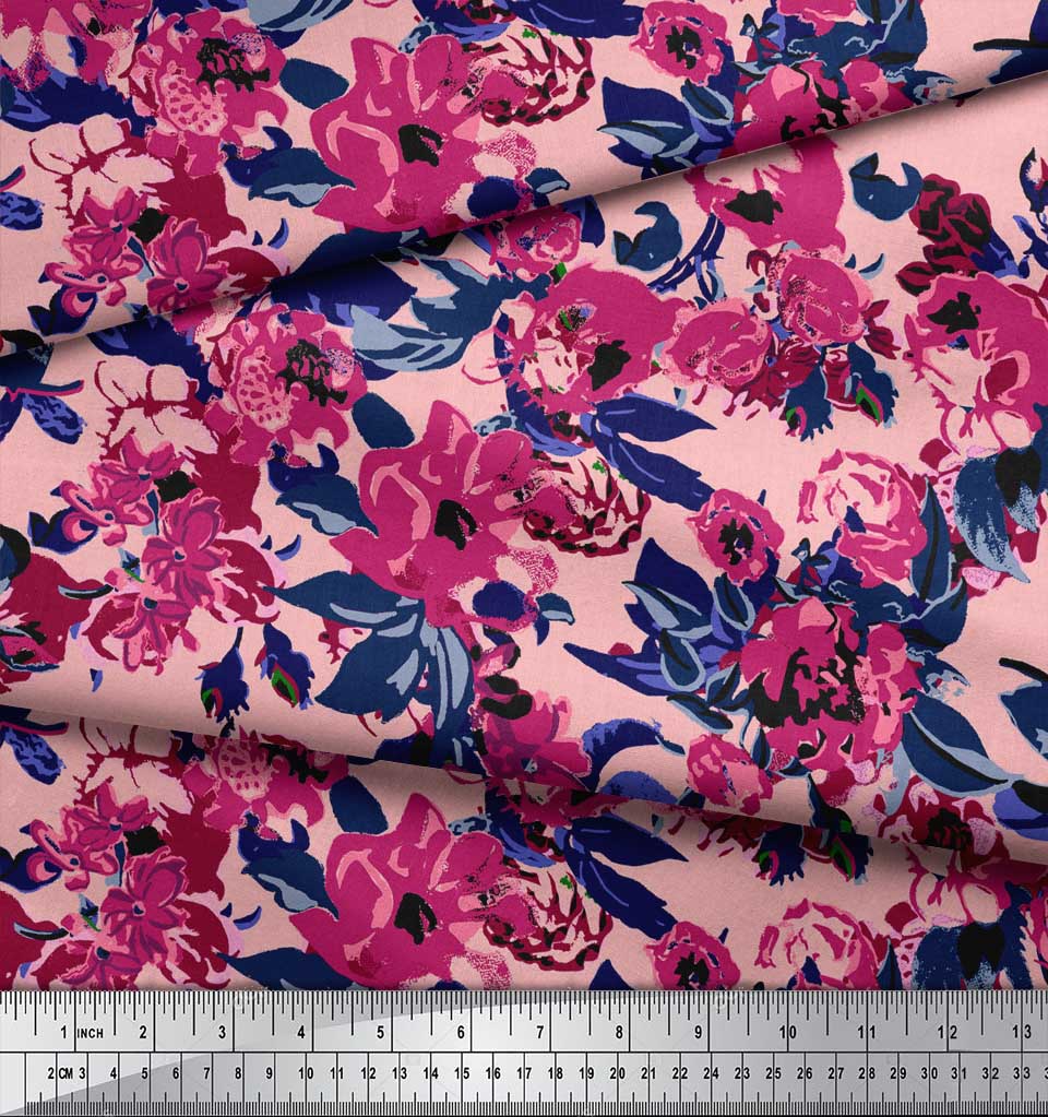 Soimoi Blue Poly Crepe Fabric Artistic Leaf & Floral Fabric Prints By Metre 42 Inch