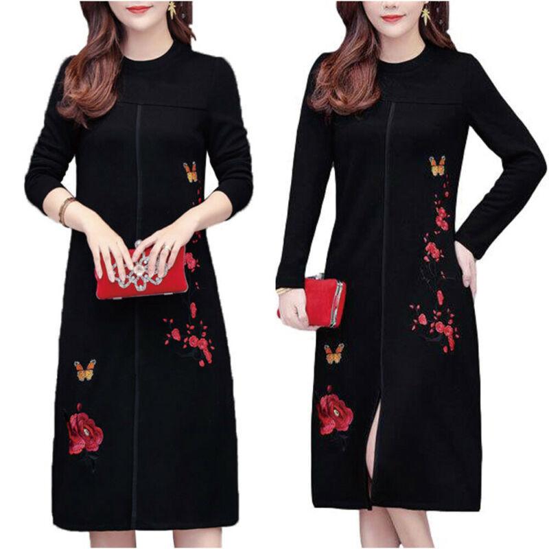 Plus Size Womens Vintage Floral Print Long Sleeve Dress Elegant Evening