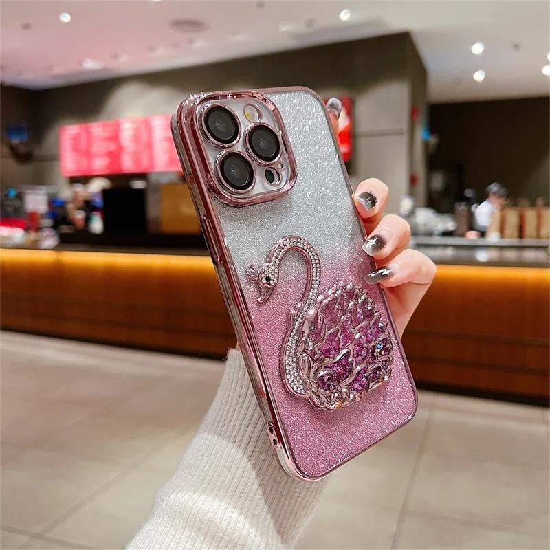 Double Color Gradient Diamond Swan Phone Case For iPhone 16 15 ProMax 14 13 12 Pro Max Plus 11 Glitter Quicksand Silicone Cover