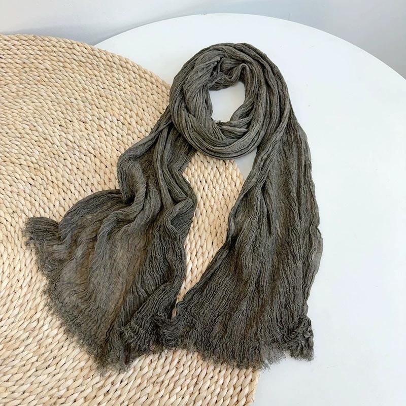Solid Color Cotton Crinkled Scarf for Women Retro Neck Warmer Decorative Narrow Long Striped Scarf Wrap Shawl for Autumn 220cm