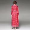 Autumn Fashion Brand Designer Letters Print Red Vintage Maxi Dress Women Long Sleeve Turn Down Collar Belt Lace Up A Line Party Robe