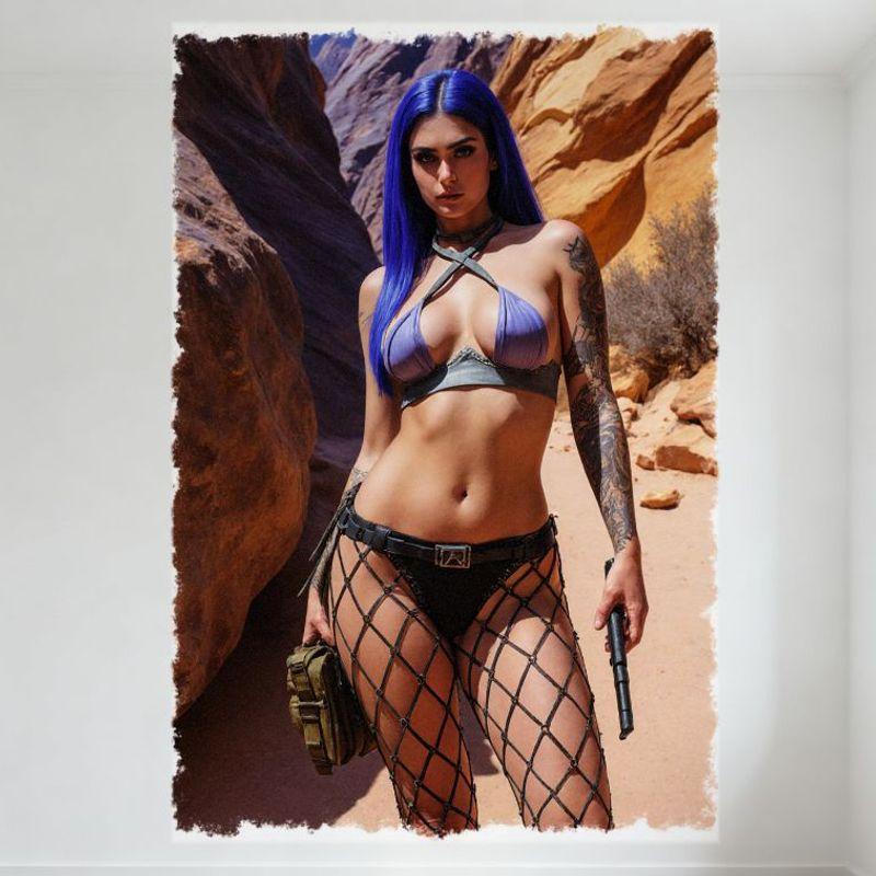 Mujer Sexy de Cabello Largo Azul Brillante en Bikini Morado Cañón Desértico Letrero de Estaño Póster Metálico Vintage para Bar Pub Cafetería Hogar Decoración de Pared 8