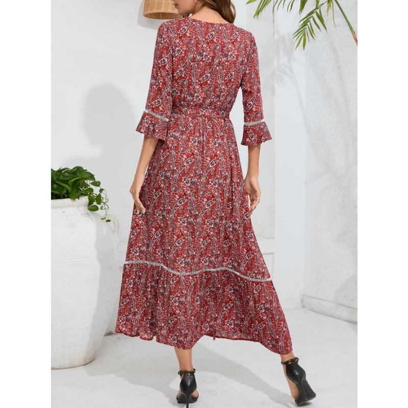 Women's Dress Hollow Lace V-neck Half-sleeve Thin Lace-up Dress Seaside Beach Holiday One-piece Wrap Dress