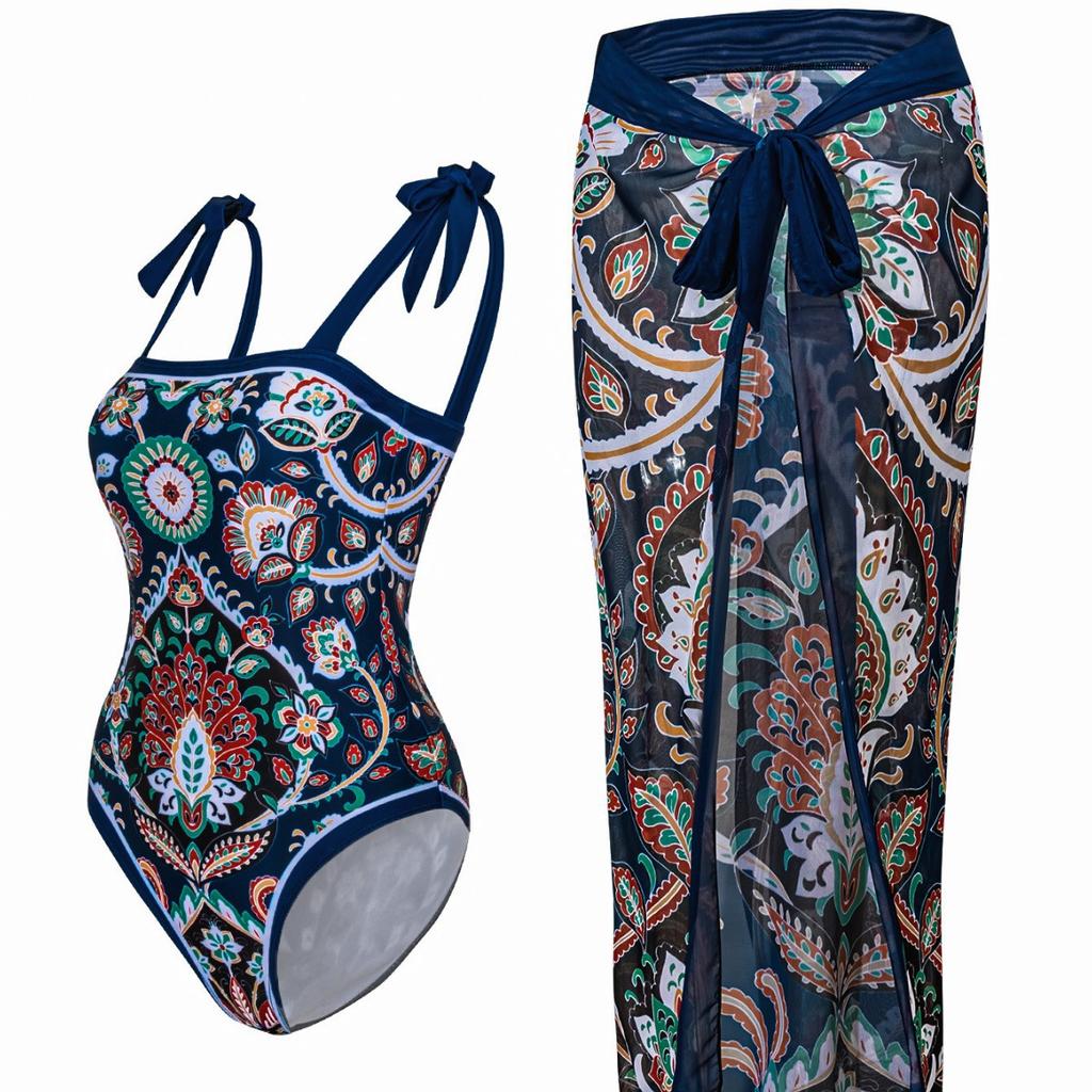 Printed Tie Back Sexy One Piece Bikini Swimsuit Two Piece Set With Cover Up Fashion Elegant Beach Vacation Outfit
