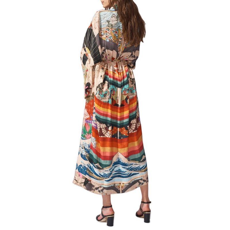 Damenmode Sommer Frühling Farbblockdruck 3/4 Ärmel V-Ausschnitt Lockere Taille Freizeitkleider