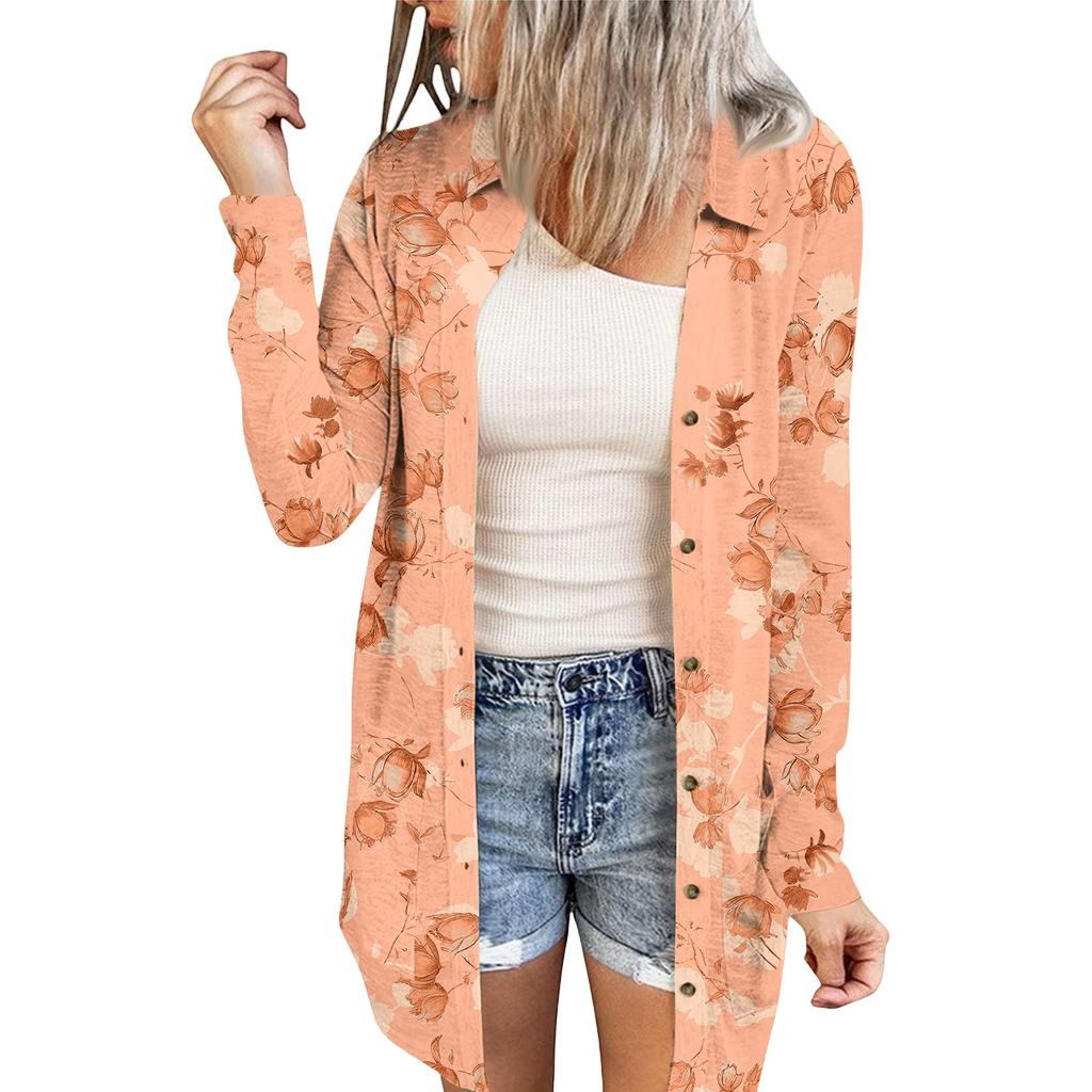 Women's Casual Fashion Floral Print Long Sleeve Mid-Length Cardigan Jacket