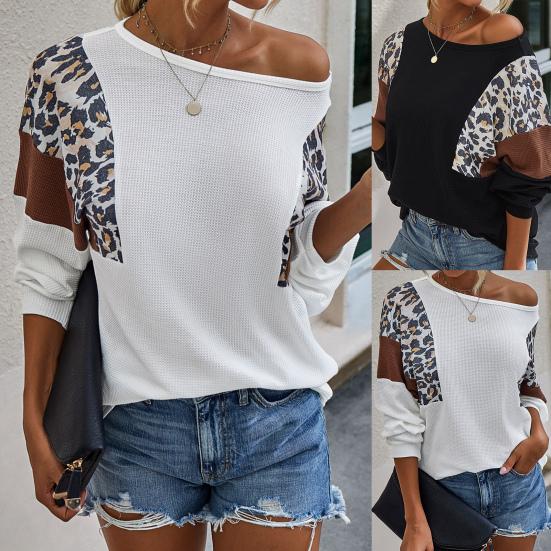 

Women Long Sleeve O Neck One Shoulder Blouse Top Leopard Patchwork Pullover