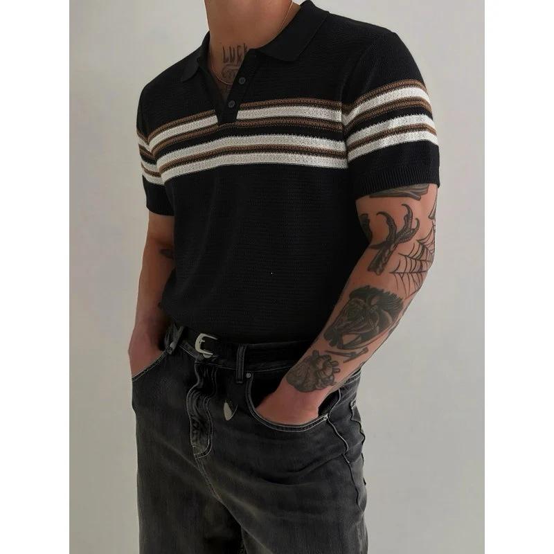 Vintage Style Color Block Lyocell Linen Knit Polo Shirt L коричневый