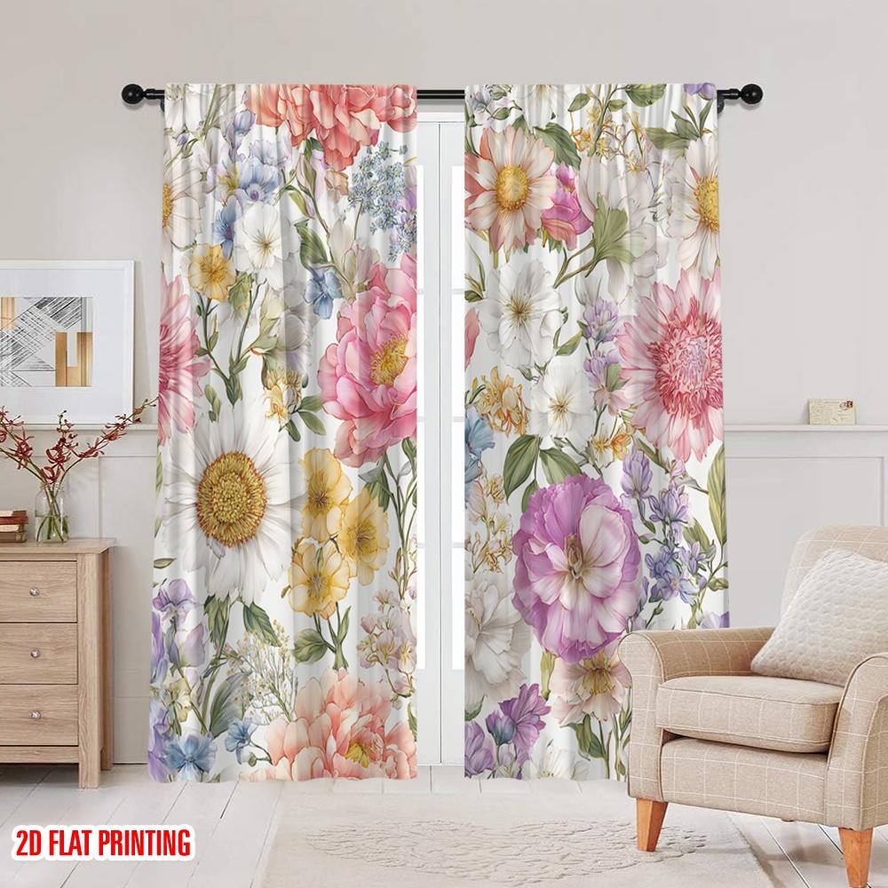 2pcs,2D Plane Printing Minimalist Curtains Blooming Tapestry 100% Polyester (without Rod) Art Deco Festive Perfect for Bedroom &