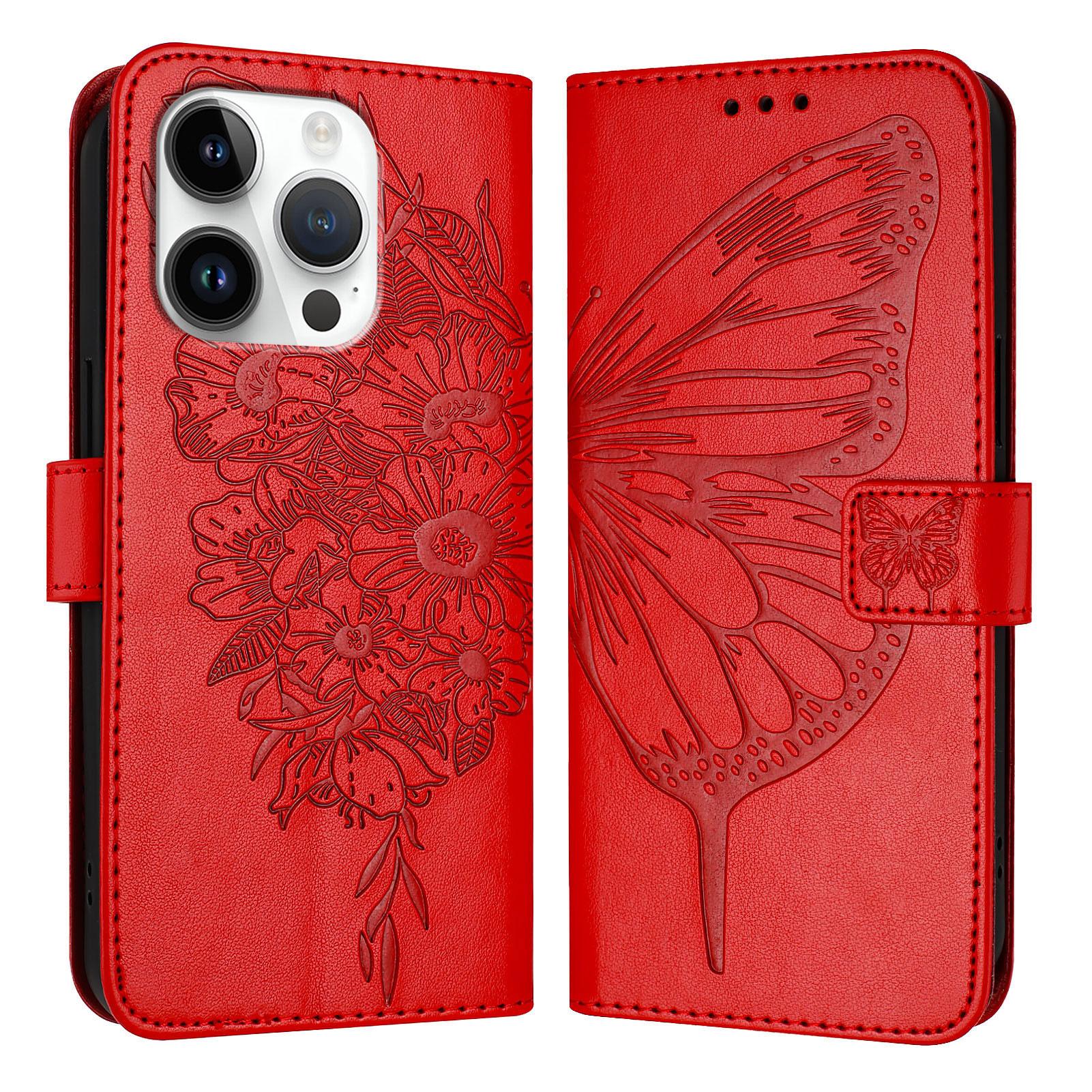 

For iPhone 16 Pro Wallet Case with Wrist Strap Butterfly Imprint Leather Phone Cover B