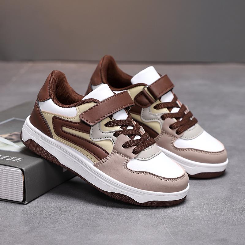 

Korean Style Kids Brown Leather Patchwork Velcro Sneakers - Casual Sports Shoes Size 27
