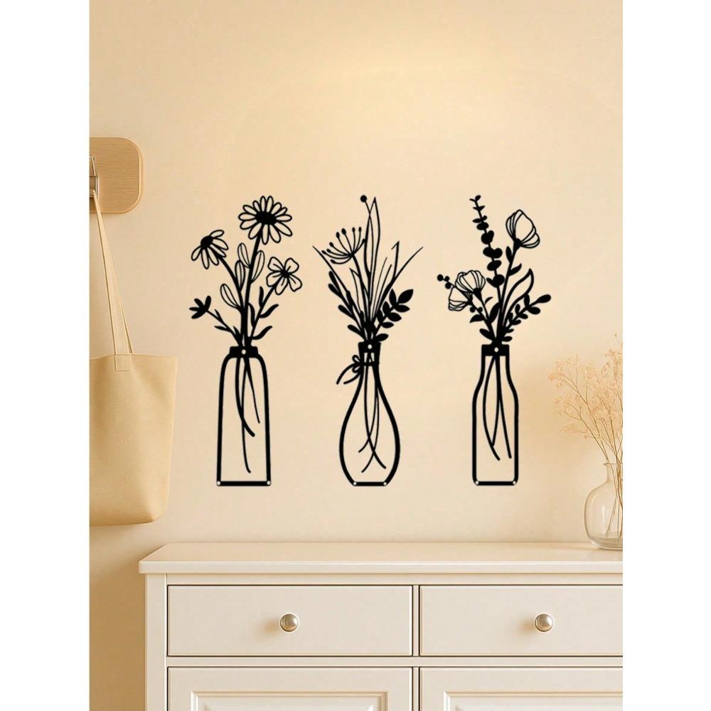 3 Piece Black Acrylic Floral Wall Art Set with Vase Modern Minimalist Home Decor Gift