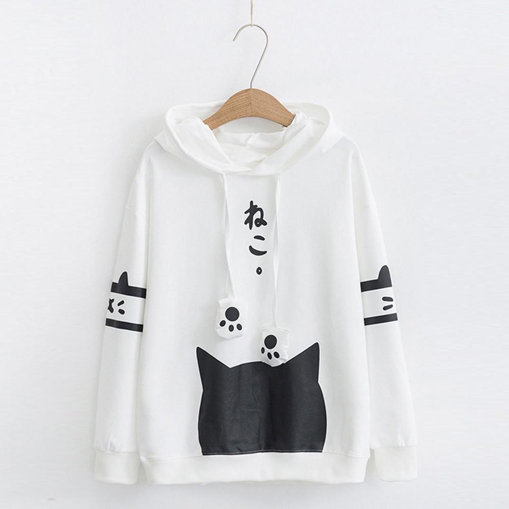 Womens Casual Long Sleeve  Cat Print Pocket Thin Hoodie Blouse Top Shirt