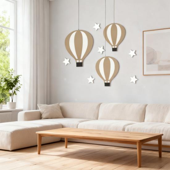 Yousheng 9Pcs/Set Hot Air Balloon Wall Decoration Farmhouse Rustic Wooden Balloon Star Wall Art Self-adhesive Home Office Living Room Wall Hanging