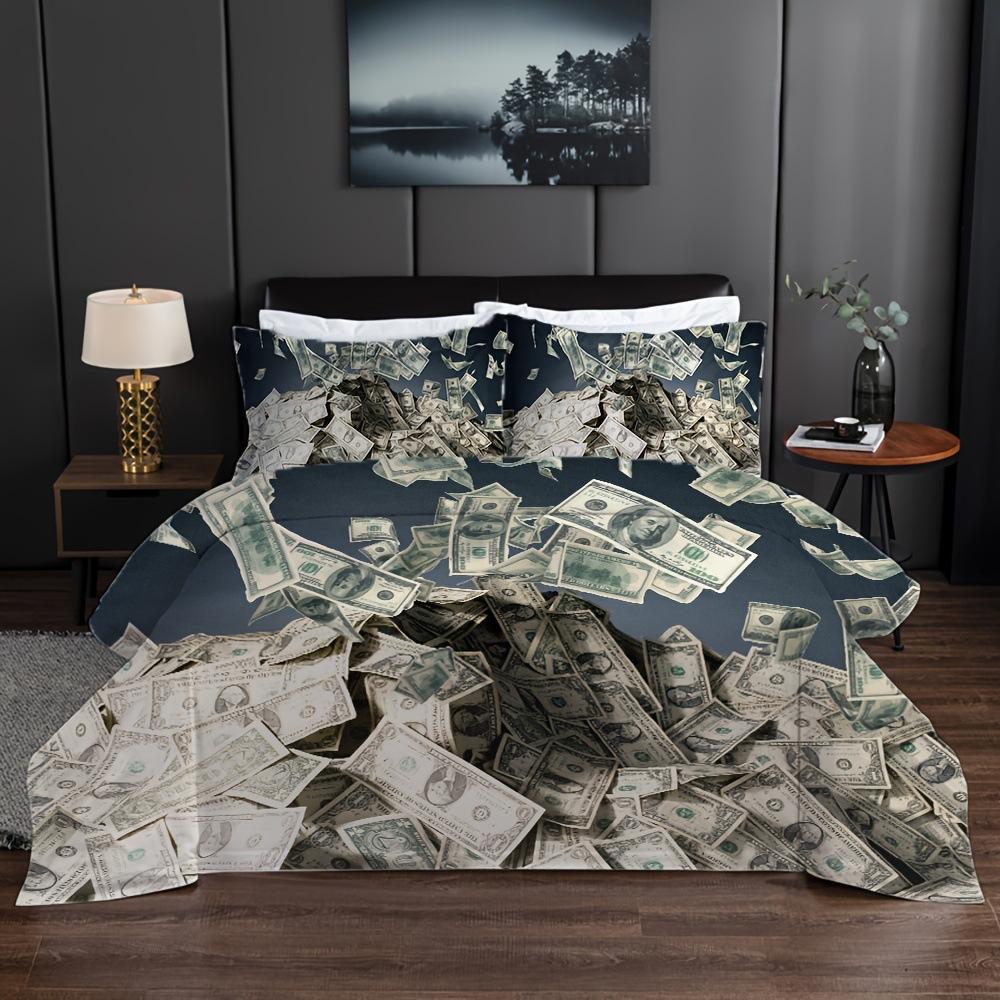 Dollar Printed Duvet Set, Dollar Bill Bedroom Bedding Quilt Set Three-Piece Set