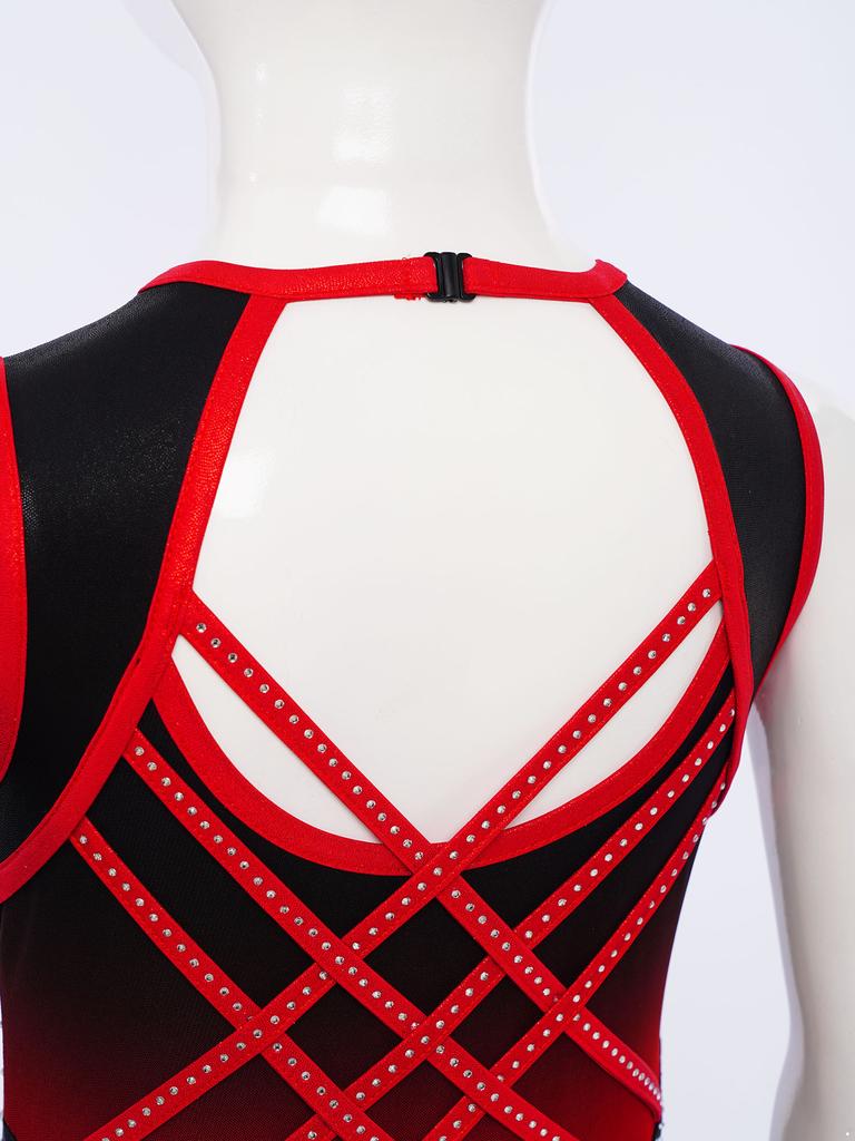 Girls Gymnastics Leotard Sleeveless Crisscross Cutout Back with Mesh Patchwork Shiny Rhinestones Bodysuit