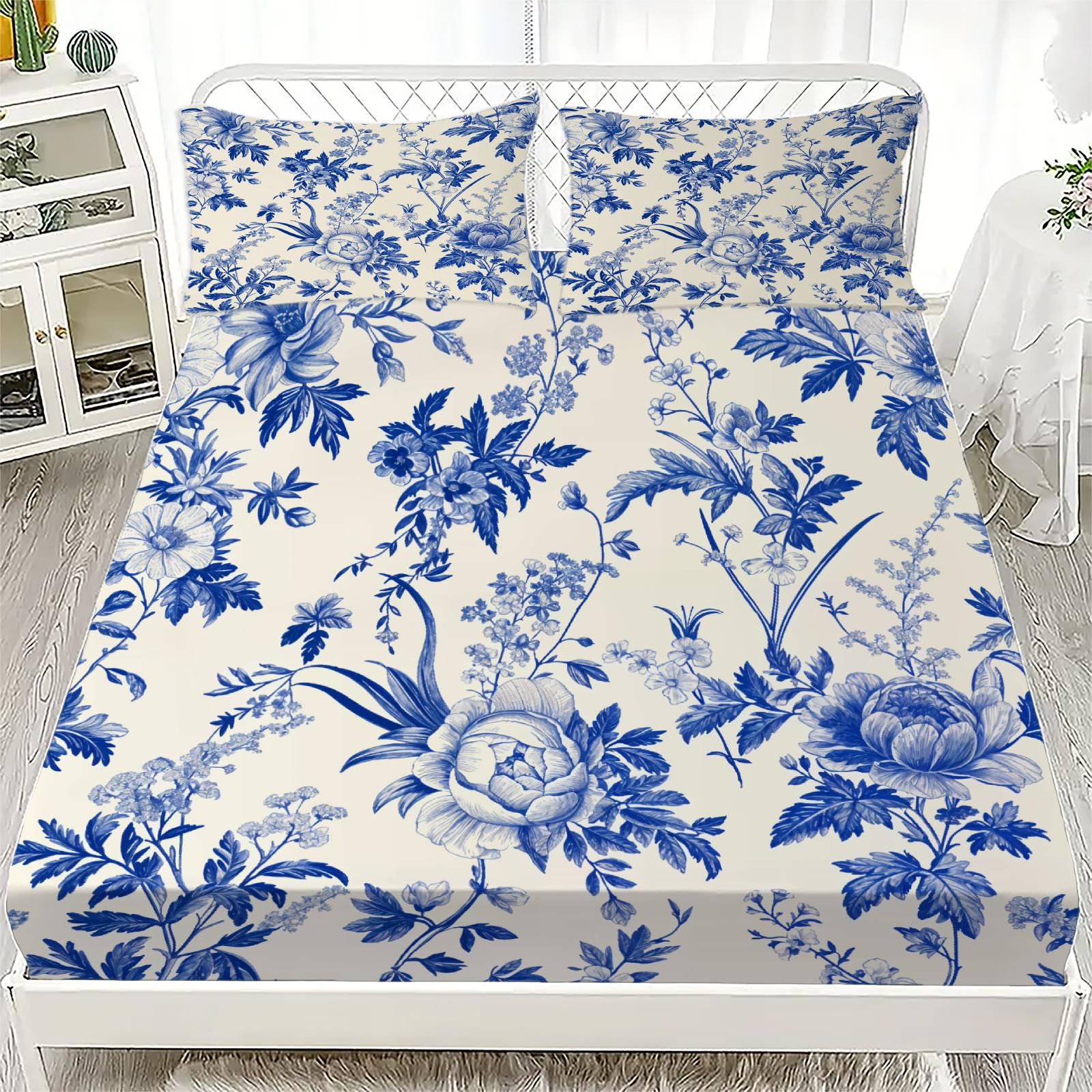 

3pcs Fitted Sheet Set Fresh Style Christmas Pine Flora Print 100% Polyester Soft Bedding Set for Home Decor with 2 Pillowcases 99x190x25cm