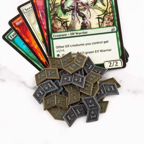 40 Antique Metal Buff Counter Tokens with Velvet Bags, Magic the Gathering Tokens, Creatures, Stats or Loyalty Counters, MTG CCG Card Game Accessories