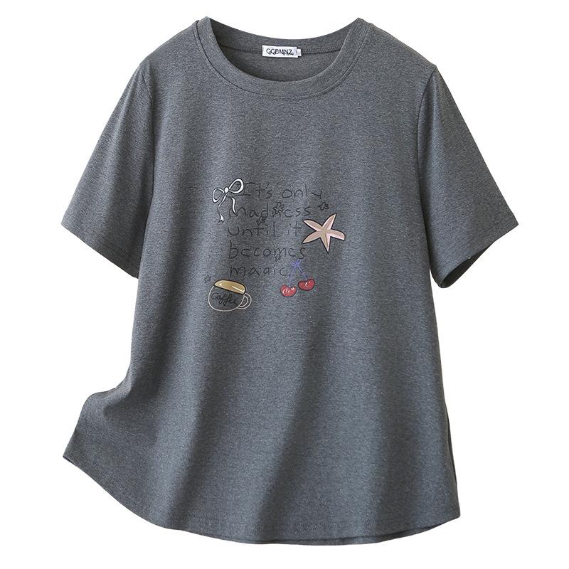 2026 Summer Plus Size Slimming Cotton Printed T-Shirt - Short Sleeve Round Neck Casual Top for Women