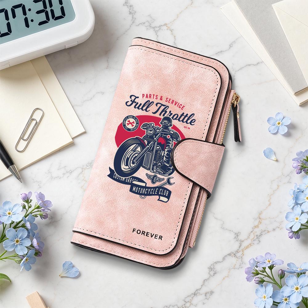 Vintage Motorcycle Print Long Wallet Multi Slot Card Holder Slim Purse for Mens Biker Daily Use