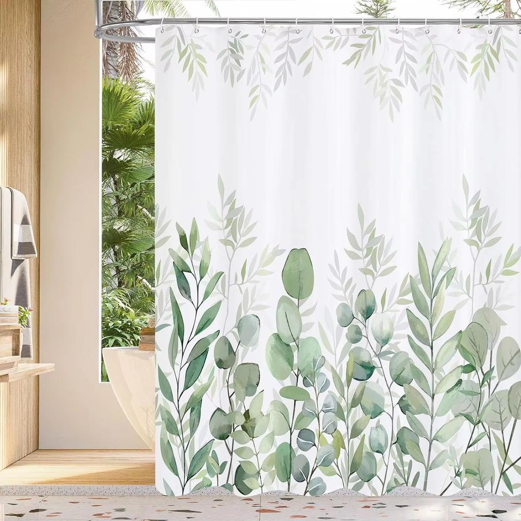 1 pc Green Plants, Leaves and Flowers Shower Curtains With Hooks Bathroom Curtains Printing Shower Curtain Home Decor Curtain