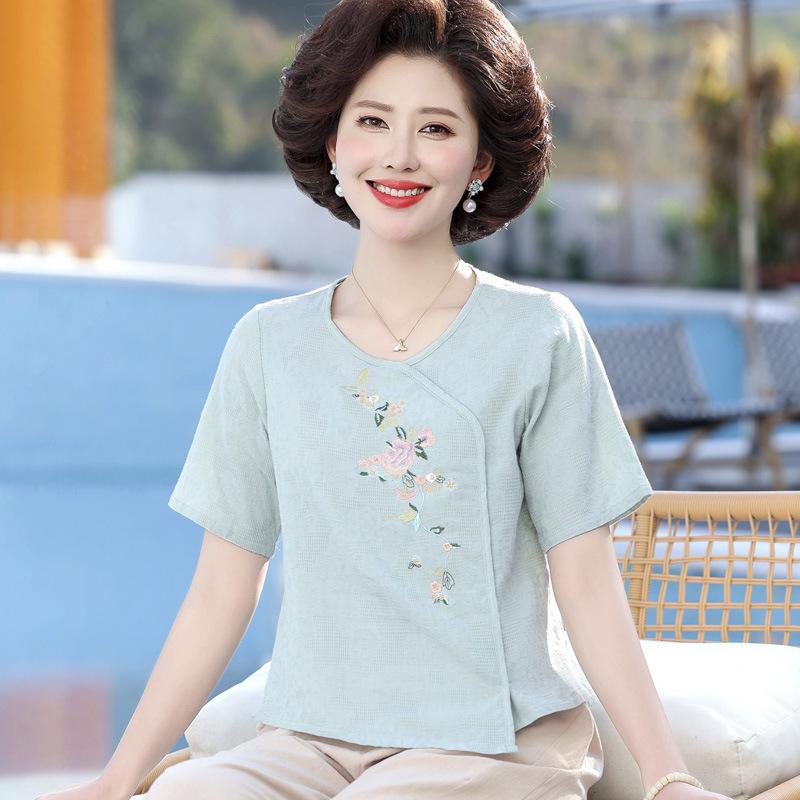 

Mid-Aged & Elderly Cotton Linen Embroidered Ethnic T-Shirt L (recommended 80-100 jin) зелений