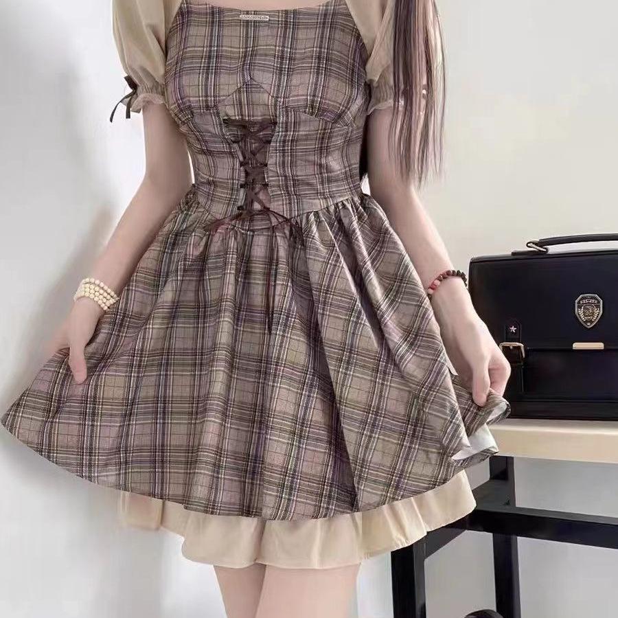 Women's Summer College Style Slimming Dress - Square Neck, High-Waisted, Small Fresh, Sweet Short Skirt