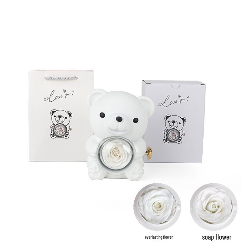 High-Quality Rotating Bear Jewelry Box with Everlasting Flowers - Perfect Valentine's Day Gift