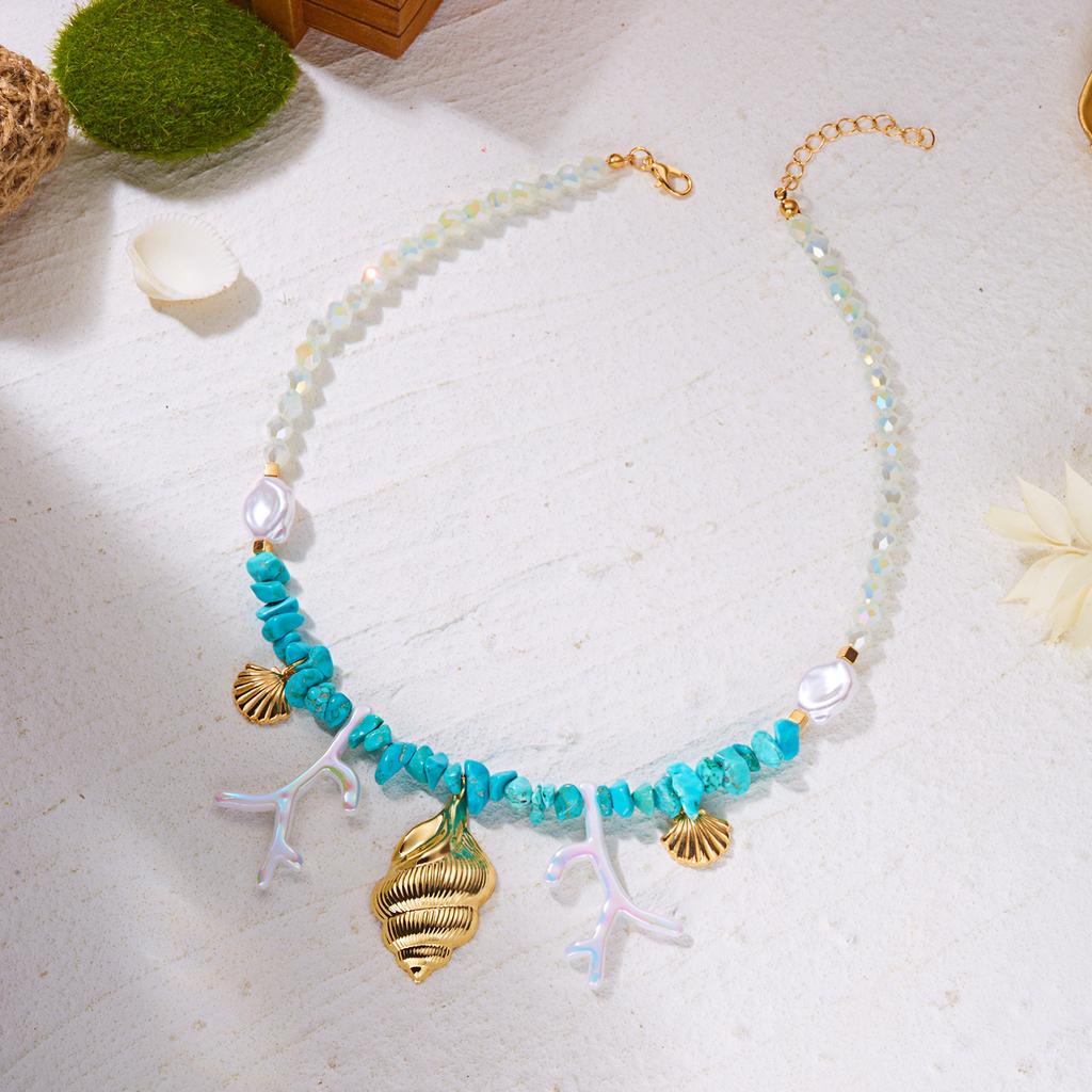 Vacation Ocean Series Shell Starfish Conch Pendant Necklace For Women Irregular Stones Coral Pearl Choker Beach Party Jewelry