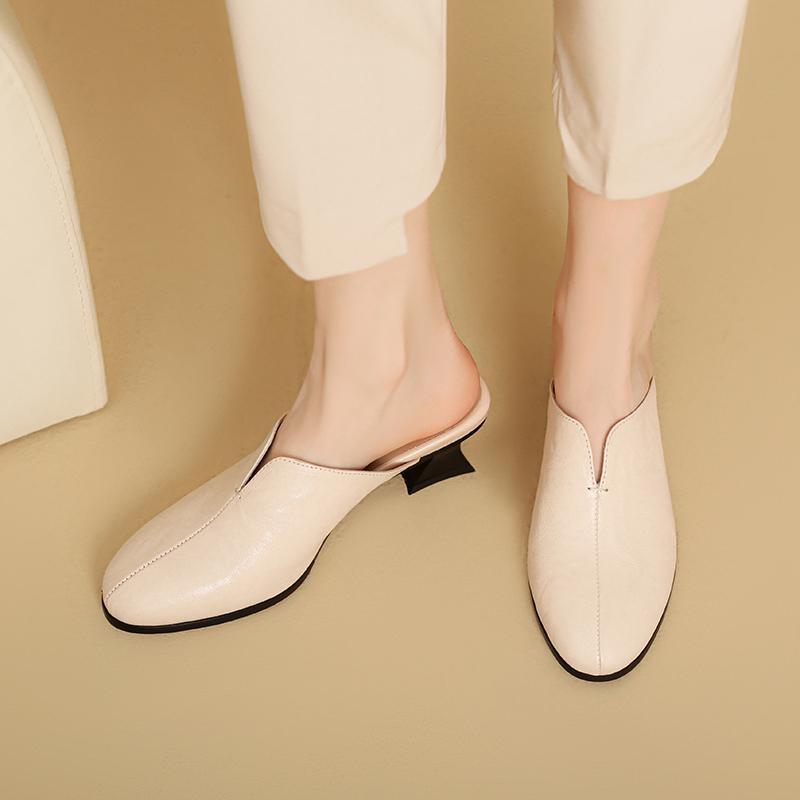 2024 New Sexy Women Genuine Leather Pumps Round Toe Spring Summer Muller Slippers High Heeled Fashion Party Wedding Shoes Woman