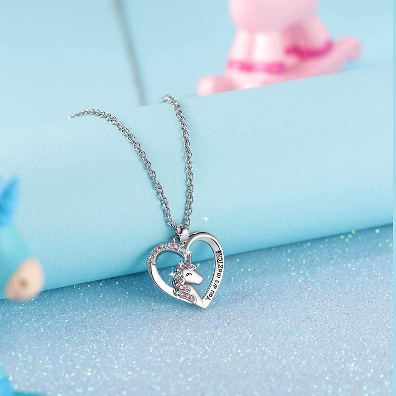 Creative New Gold Color Silver Color Zircon Heart -Shaped Pony Children 'S Unicorn Necklace Cute Accessories Fashion Girls Jewelry