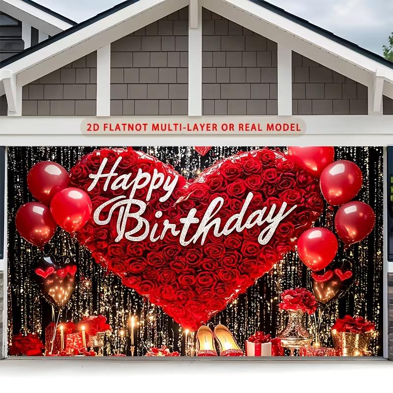 2D Red Black Gold Birthday Backdrop, Rose Heart & Candles Photo Booth Background