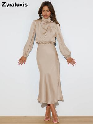 Luxury Satin Long Sleeve Loose Dress Elegant Evening Gown Formal Coat