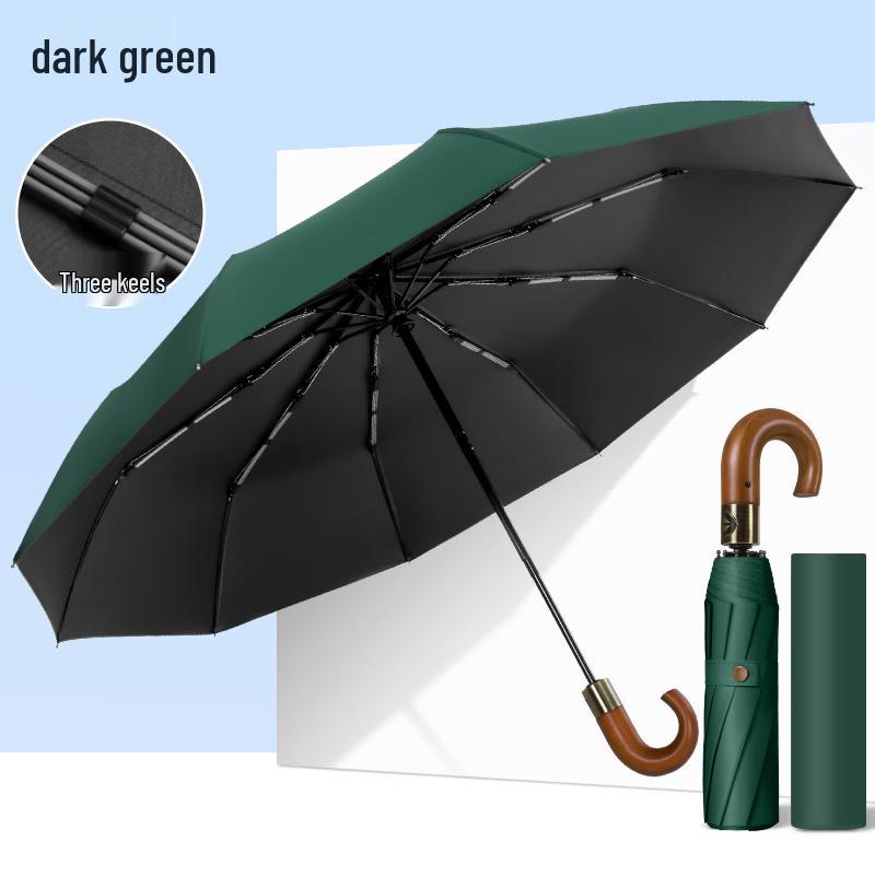 Sanhe 10-Rib Automatic Folding Umbrella with Wooden Curved Handle