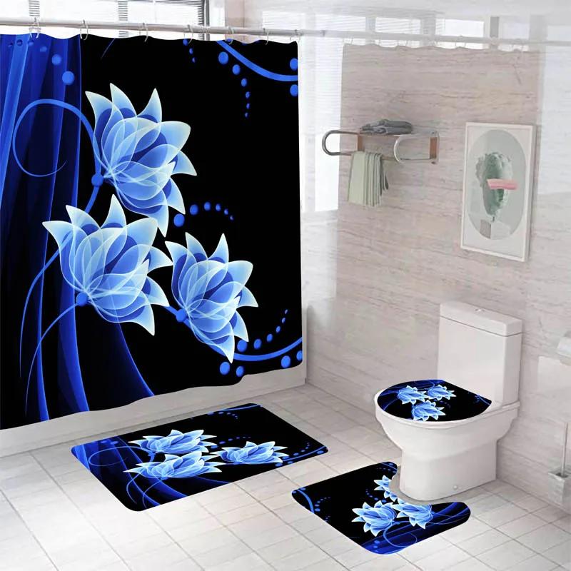 Rose Flower Shower Curtain Set Non-Slip Rugs Bath Mat Toilet Lid Cover And 12 Hooks Waterproof Polyester Bathroom Home Decor