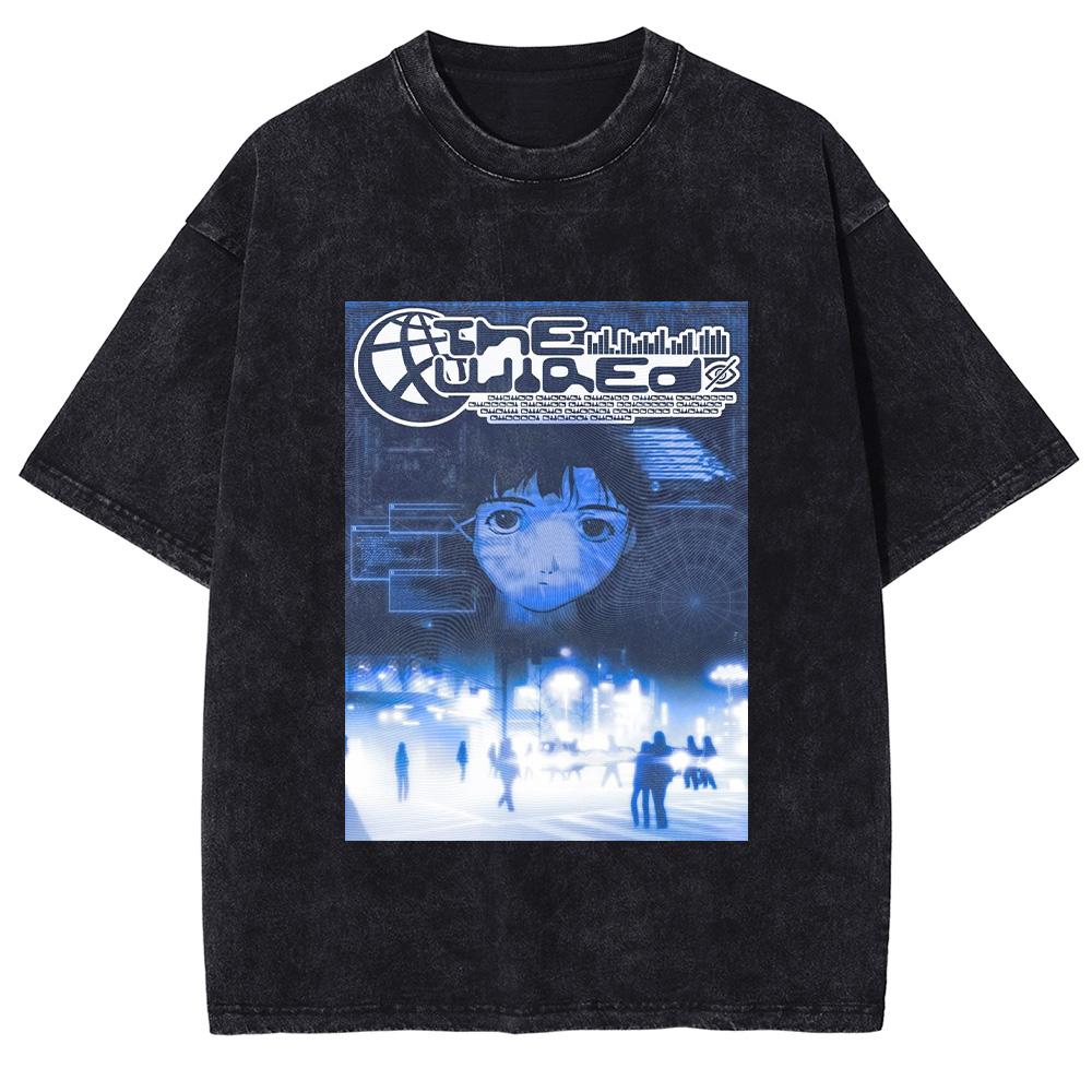 Japanese Manga Lain Print Tshirt For Men Women Clothing Harajuku Washed Oversized T Shirt Summer Cotton Short Sleeve Tee Tops