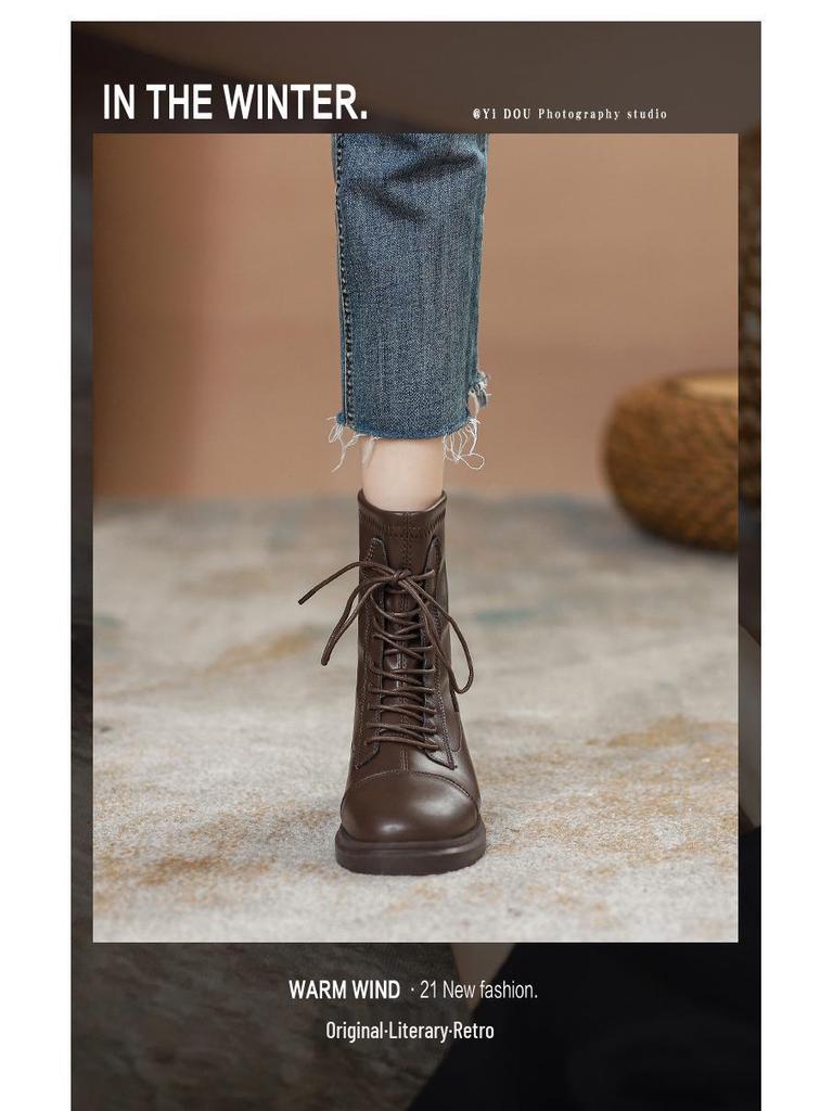 Bottes Martin style britannique pour femmes 2025: Cuir Véritable, Marron, À Lacets, Semelle Plate, Avec Velours, Bottines Courtes pour Automne/Hiver.