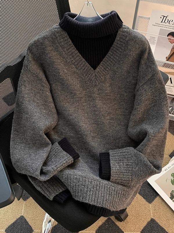 Men's Korean-Style High-Collar Knitwear: Loose Solid Color, Elegant Two-Piece Look, Versatile Winter Pullover