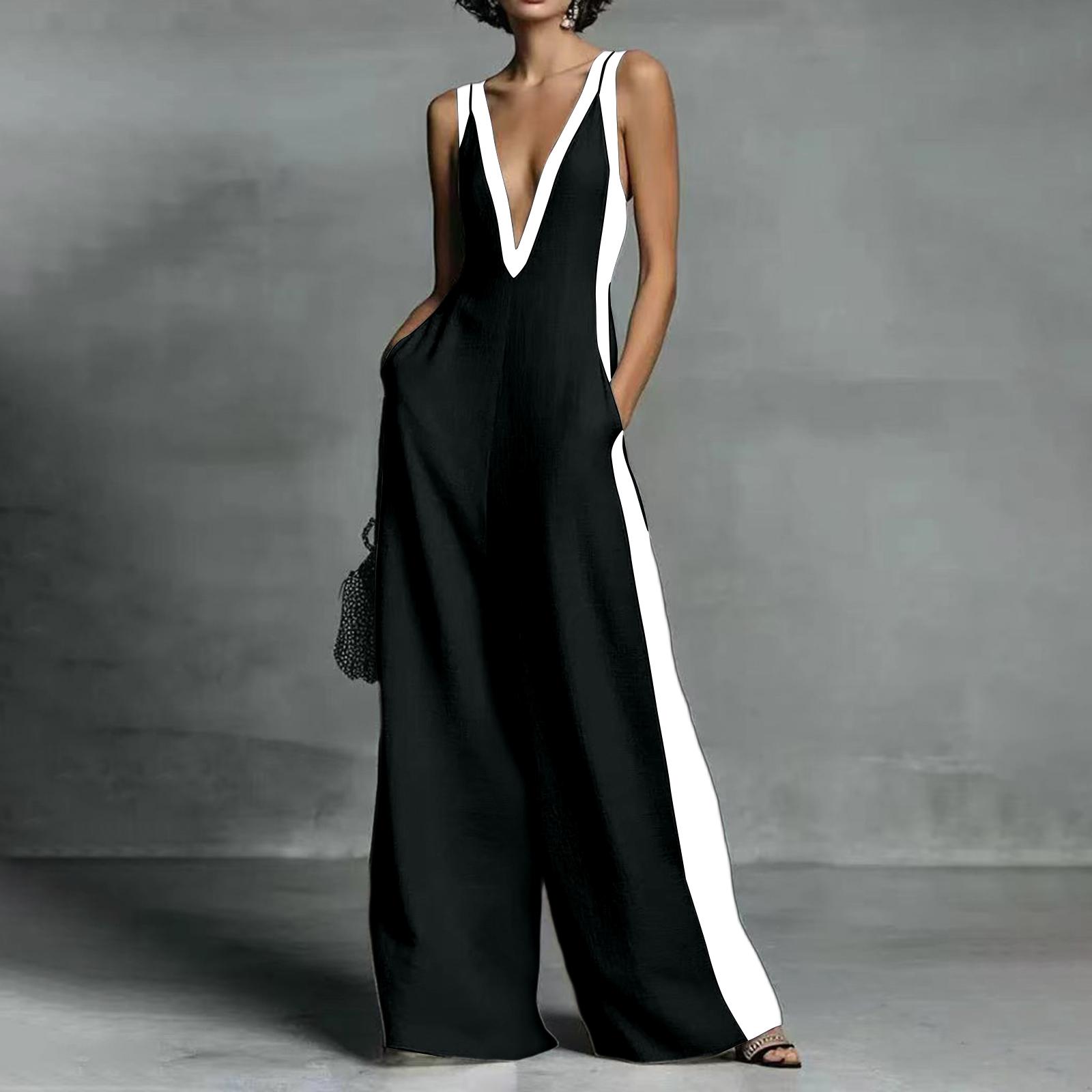 Ladies Fashionable Sleeveless V-neck Contrasting Wide Leg Jumpsuit XL чёрный