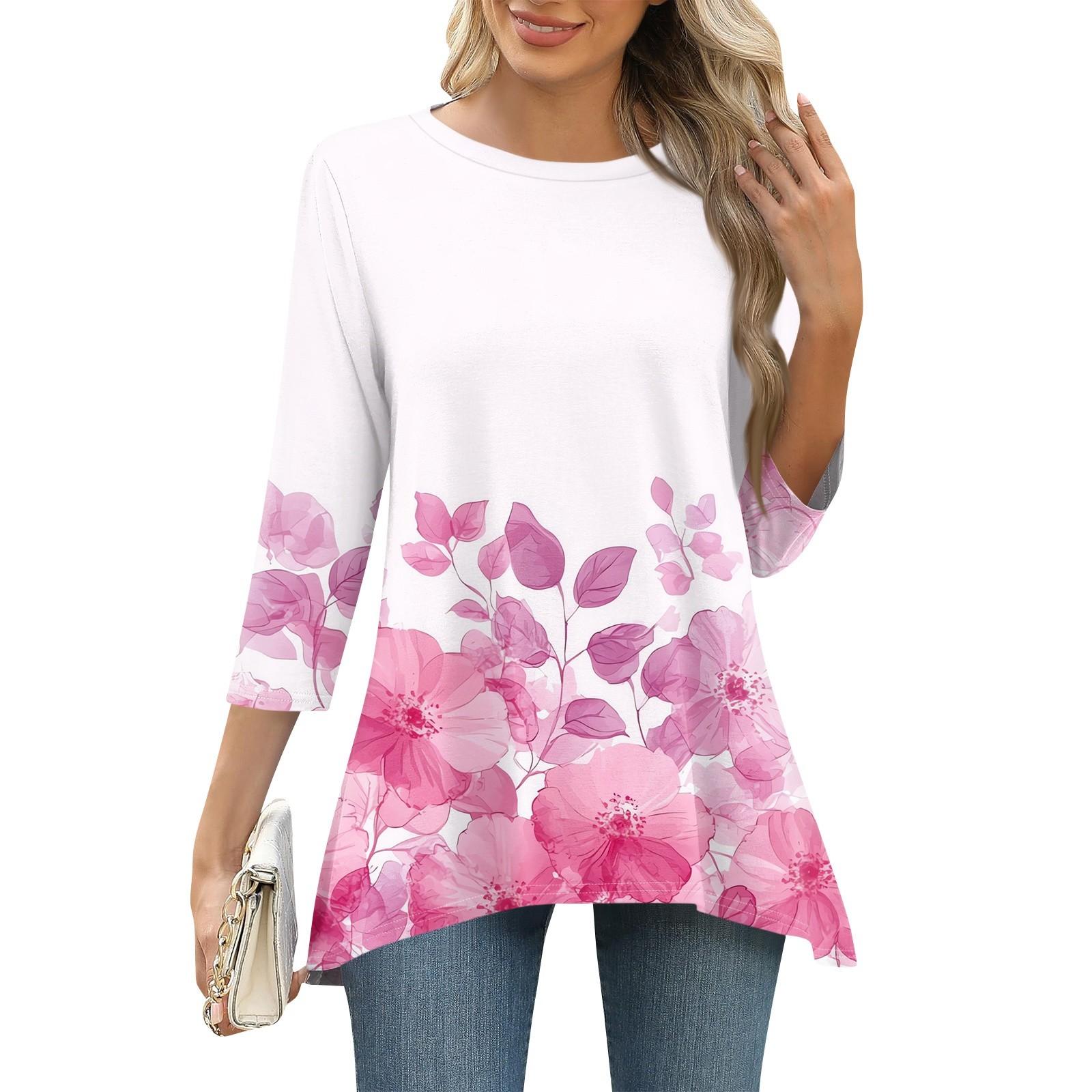 

3/4 рукав туника топы для женщин принтованный повседневный выходной свободный крой модная базовая футболка с круглым вырезом L розовый