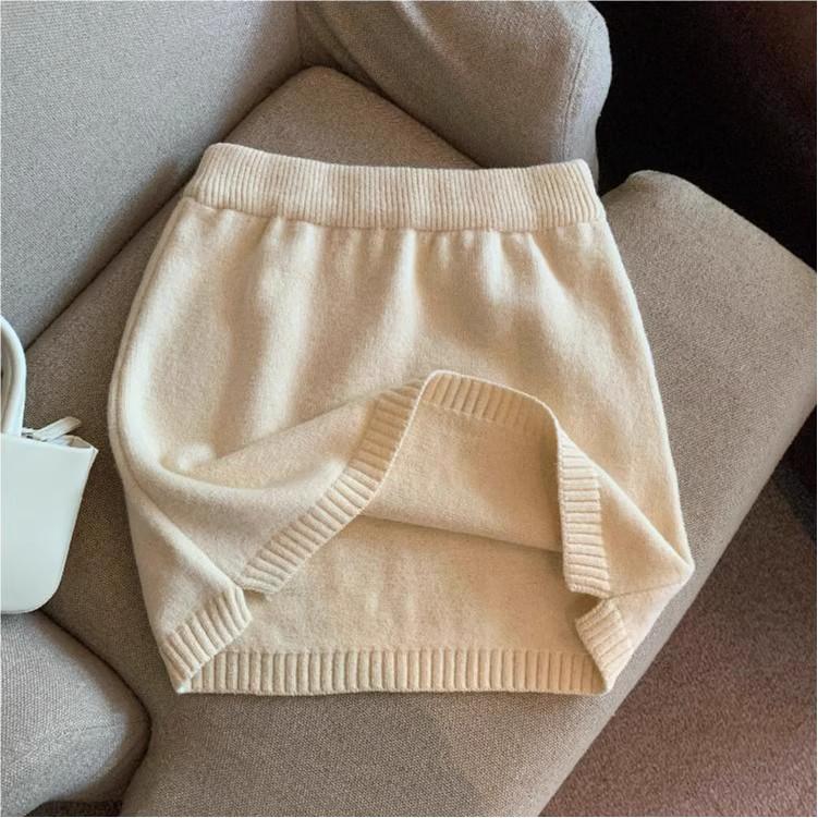 Pure Desire Koreanischer dicker Strick-Midirock - Herbst/Winter Retro Elastischer hoher Bund, Petite A-Linie Bodycon für Damen