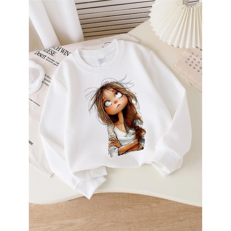 Kids Crewneck Sweatshirt, Whimsical Messy Hair Girl Graphic Print,Spring Autumn Casual Sport Tops 110