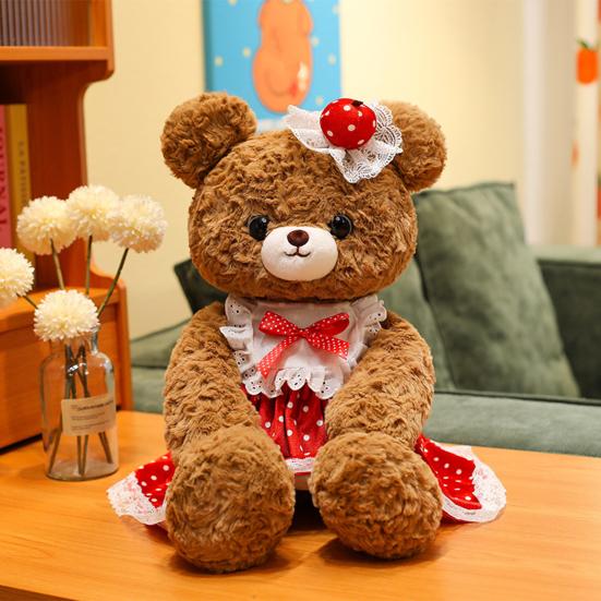 Bear Doll Soft Fluffy Red Dot Dress Lace Embellishments Comfortable Hug Bear Plush Toy Bedroom Pillow Sofa Decor