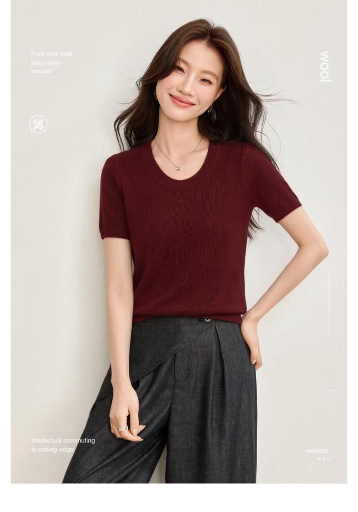 LuxShe 100% Merino Wool Knit Short Sleeve Top